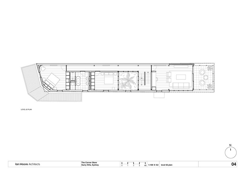 Level 01 floor plan showing a narrow linear arrangement of rooms from angled entry to rear terrace