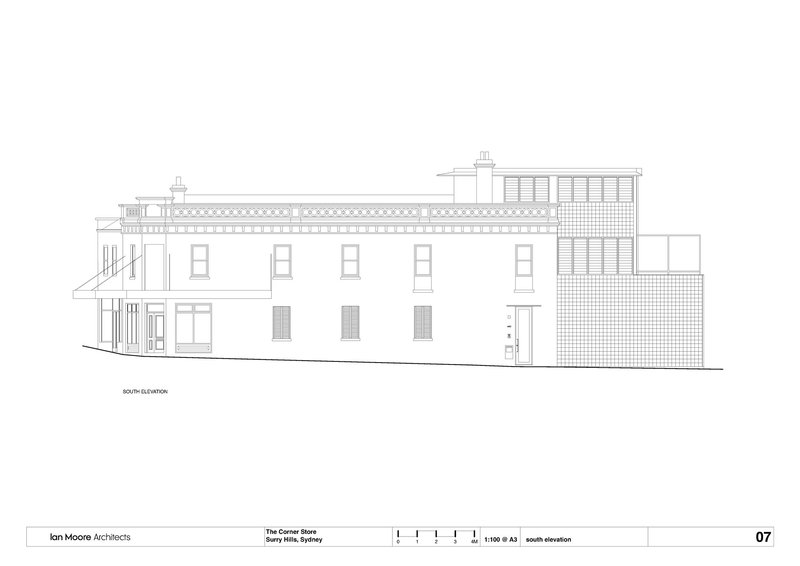 South elevation drawing depicting the two-storey facade with rows of windows and rooftop balustrade
