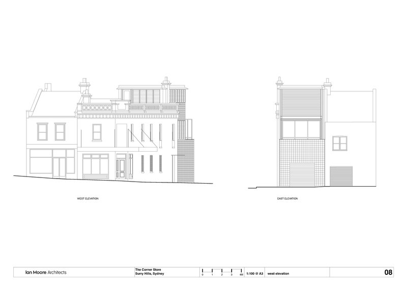 West and east elevation drawings showing the street-facing heritage building and rear gridded addition