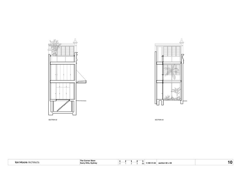Section drawings showing the three-story volume with rooftop terrace planting and interior staircase connections