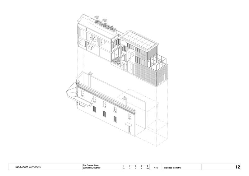 Exploded isometric drawing illustrating the relationship between the heritage structure and new rooftop addition with terrace