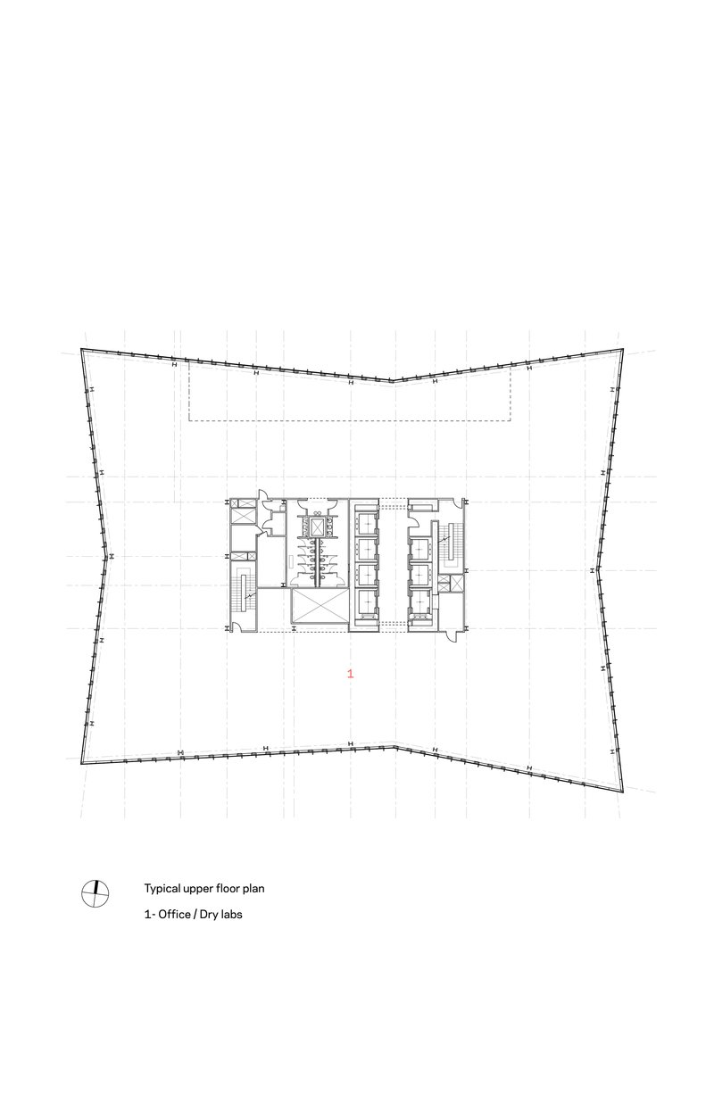 Typical upper floor plan drawing showing central core with elevators and services surrounded by open floor area