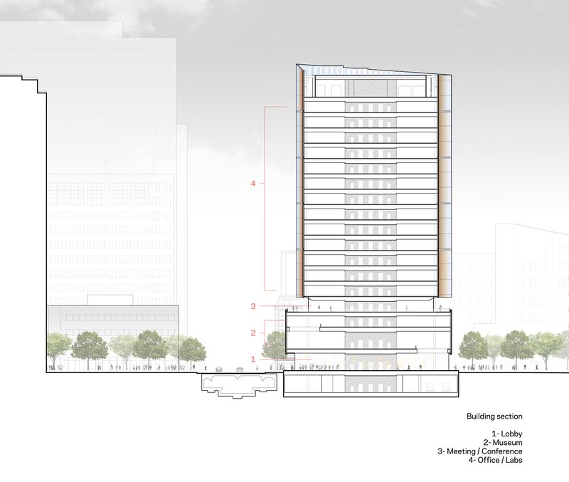 Section drawing showing the tower rising above a podium base with street trees lining the ground level