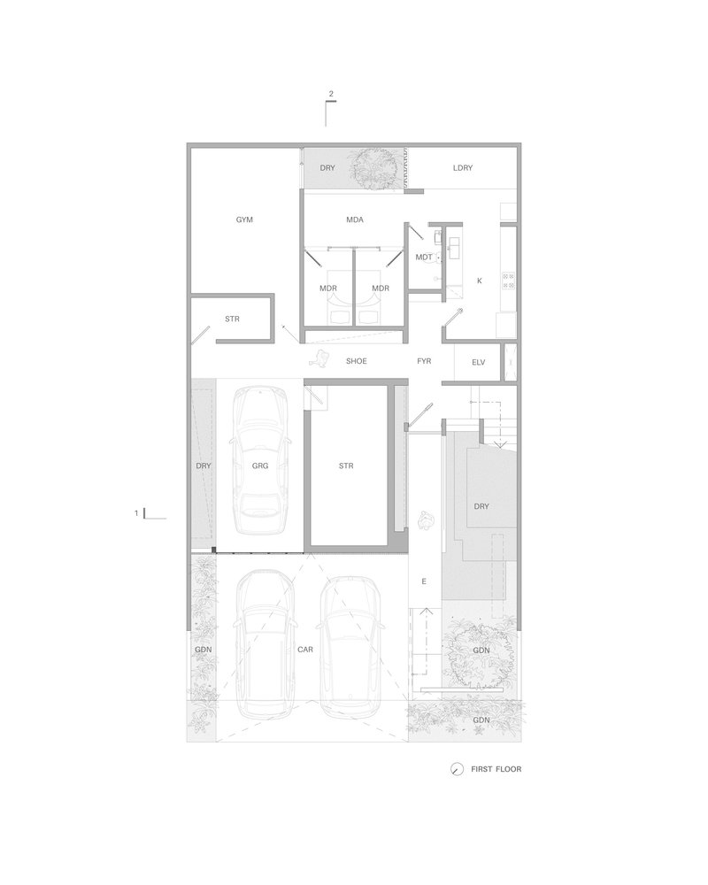 First floor plan showing garage with two cars, gym space, and bedroom cluster with bathrooms