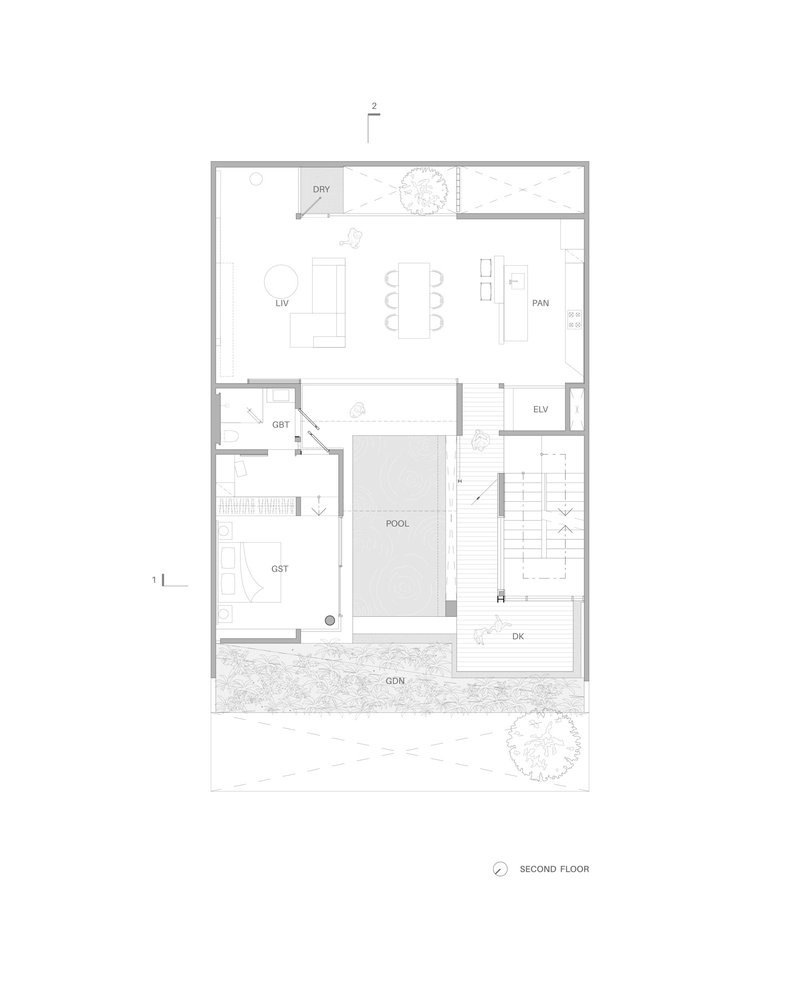 Second floor plan showing open living and dining area with central pool and outdoor deck