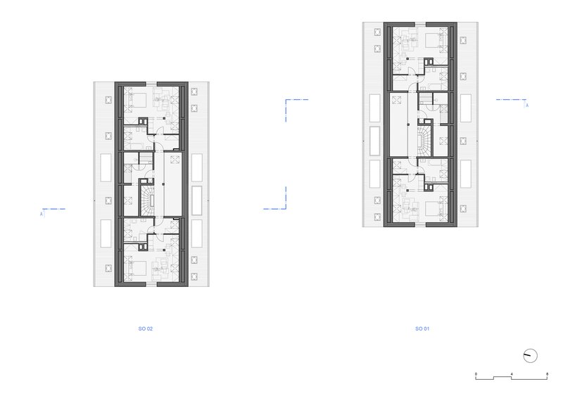 Floor plan drawing showing two narrow residential blocks with recessed balconies along the exterior facades