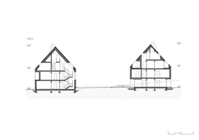 Section drawing showing two gabled houses with multi-level interiors and exposed structural framing