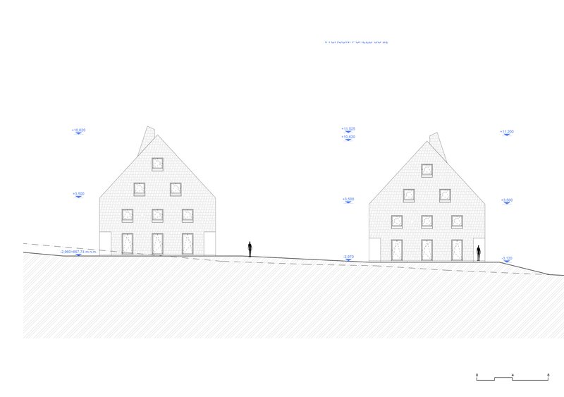 Elevation drawing showing two symmetrical gabled buildings with regular window grids and standing figures at grade