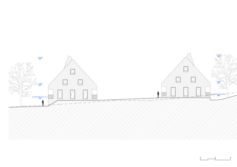 Elevation drawing showing two gabled buildings with bare trees and figures on a sloping ground plane