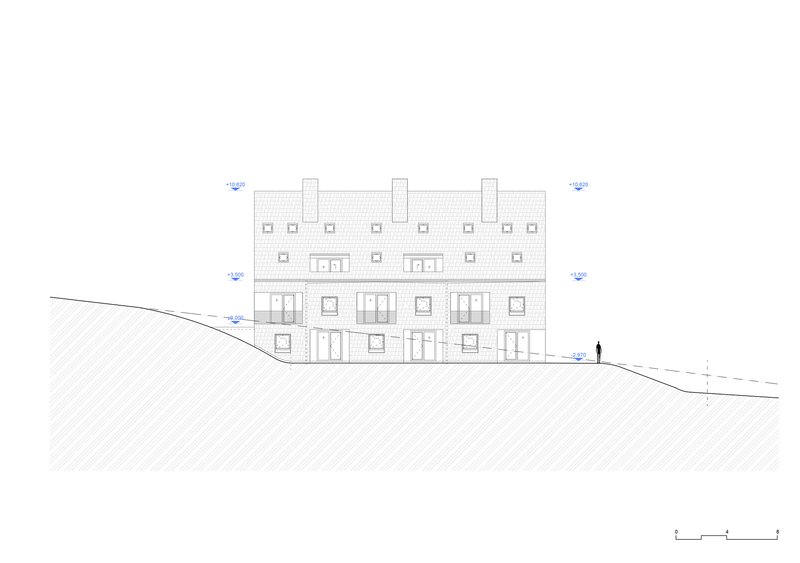 Elevation drawing showing a three-story residential building with tiled roof and three chimneys on sloping terrain