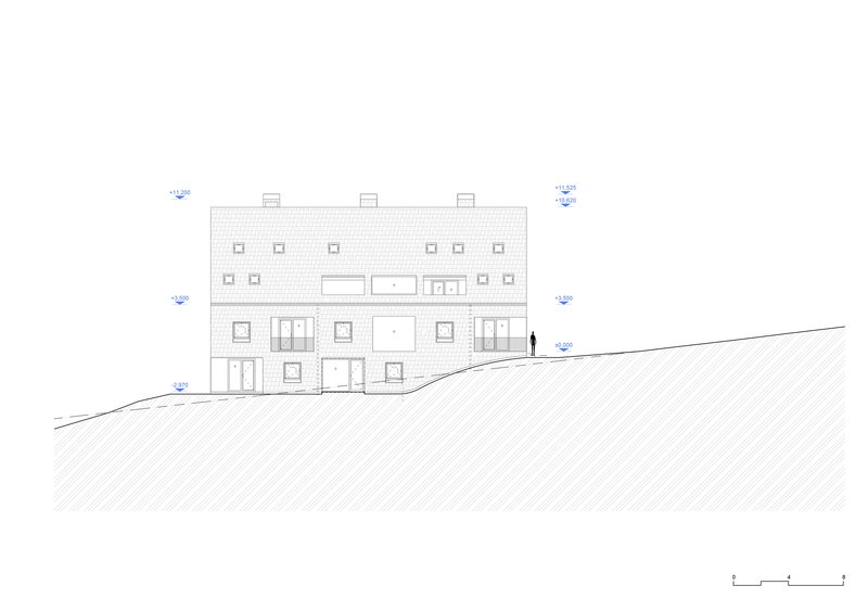 Elevation drawing of the rear facade with symmetrical window openings and a figure for scale