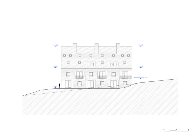 Elevation drawing showing the front facade with six ground-floor entrances and dormer windows above
