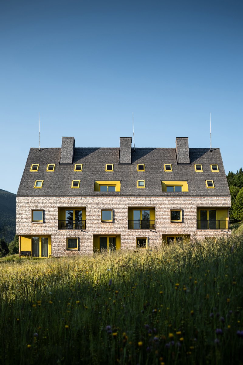 Front facade with timber shingle cladding, yellow window frames and steeply pitched dark grey roof amid wildflowers