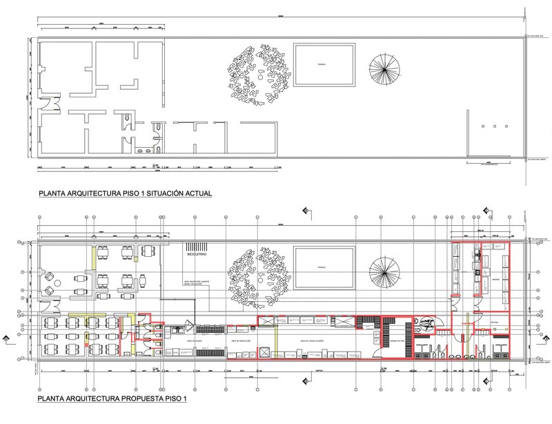 Floor plan drawings showing existing and proposed layouts with central courtyard tree and spiral stair