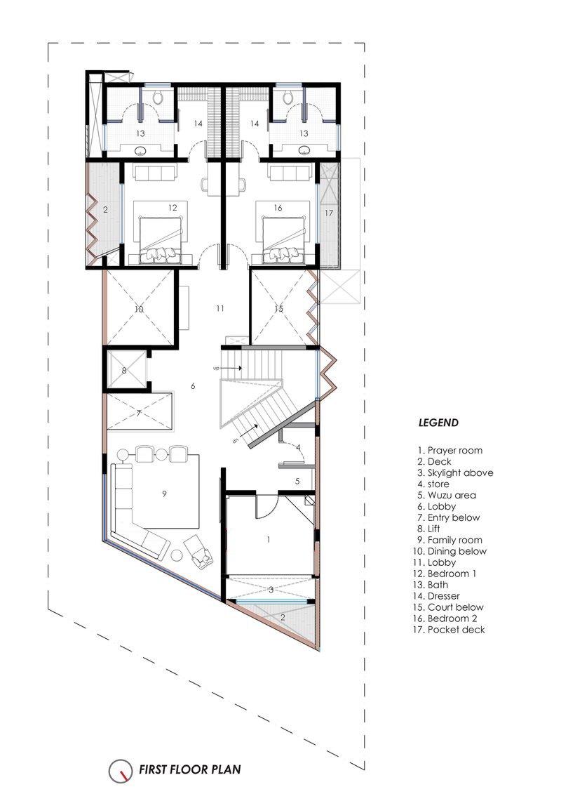 First floor plan drawing showing bedrooms and a prayer room arranged around double-height voids