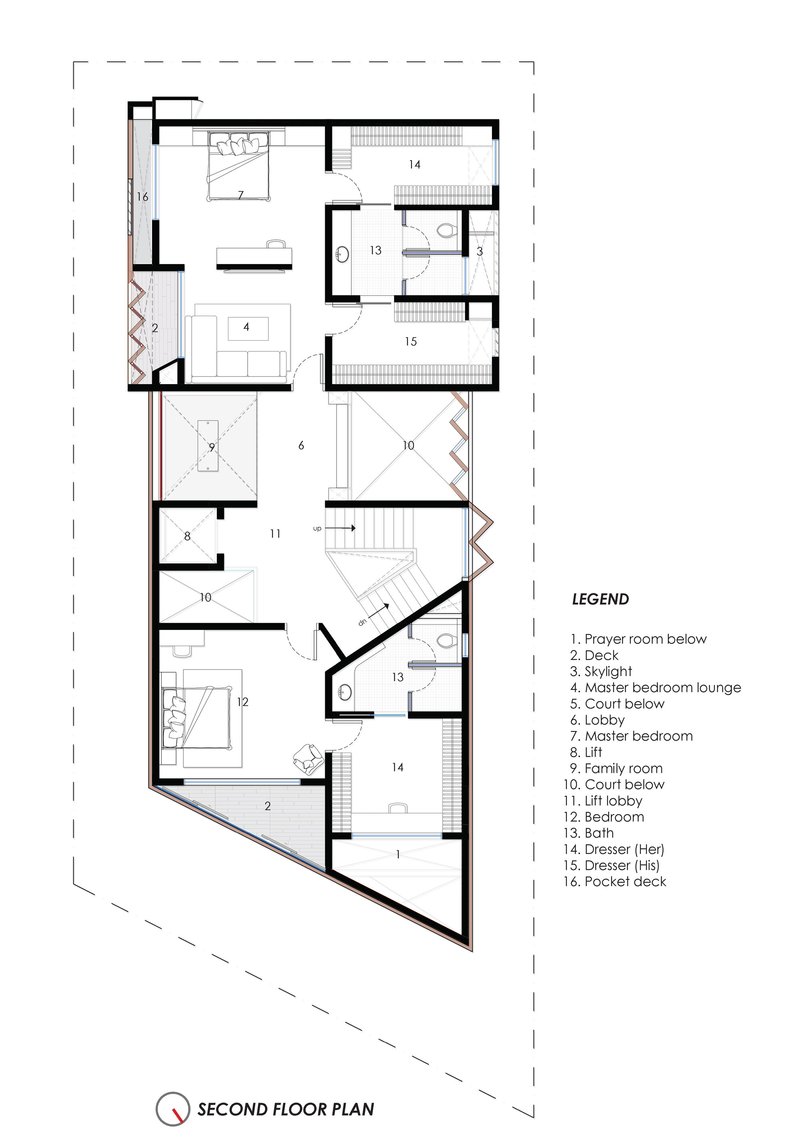 Second floor plan drawing showing additional bedrooms and a family room with angled walls