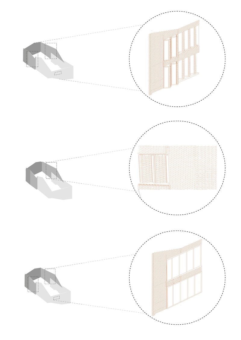 Axonometric diagram showing facade details with timber framing and glazing systems in enlarged views