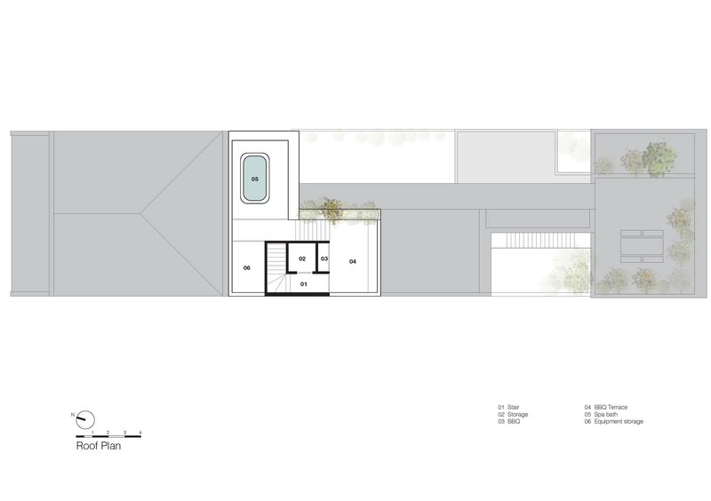 Roof plan drawing showing terraces, a pool, and planted areas scattered across the elongated volume