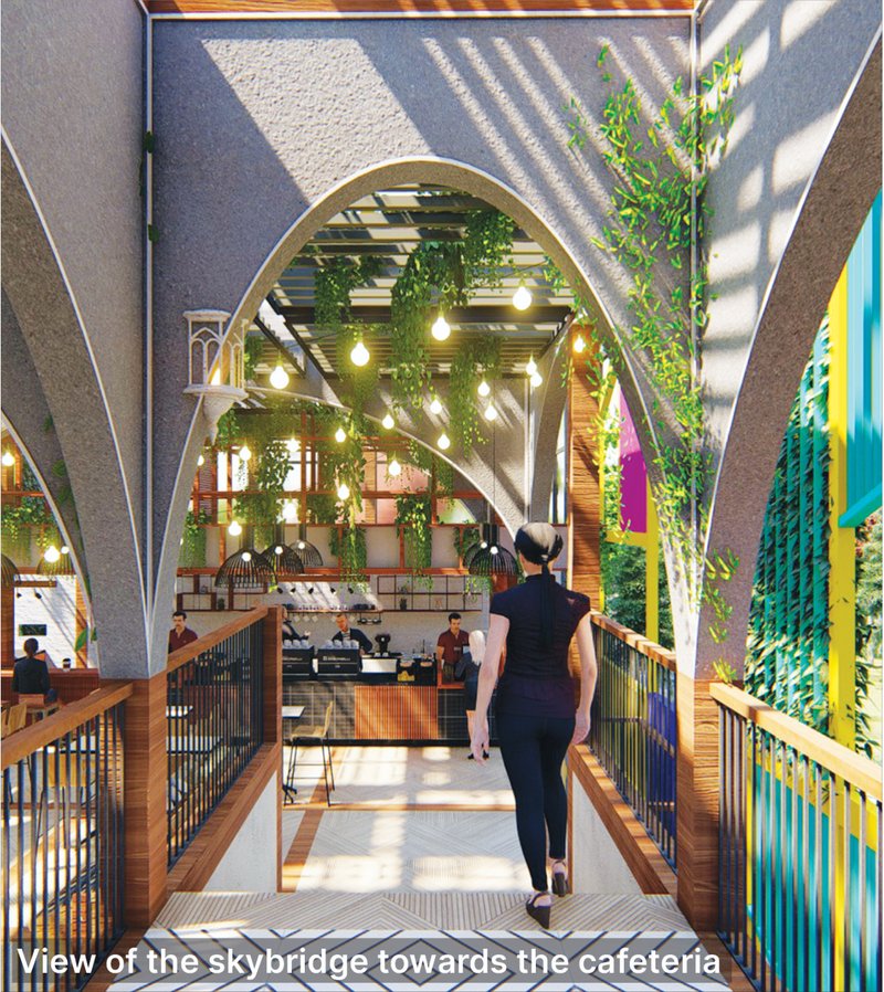 Skybridge view connecting the café interiors with layered arches and hanging plants.