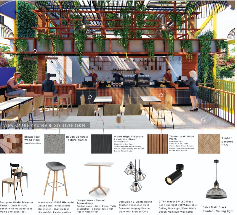 Kitchen and bar seating area with natural materials, warm lighting, and green overhead elements.
