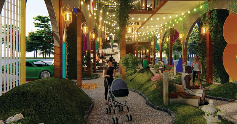 Landscaped ground plaza creating an open social zone beneath the café structure.