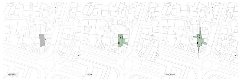 Site plan drawing showing three phases of development within the surrounding street grid