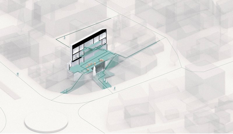 Axonometric drawing showing the glazed facade and interior spatial levels with planted terraces
