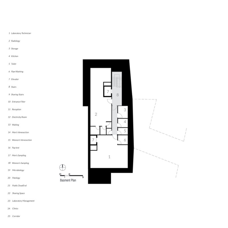 Basement plan showing laboratory and support spaces arranged along a corridor with central stairs