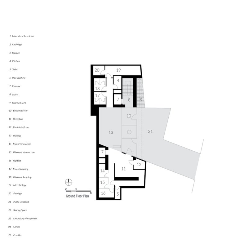 Ground floor plan showing entrance filter and laboratory spaces with adjacent public courtyard