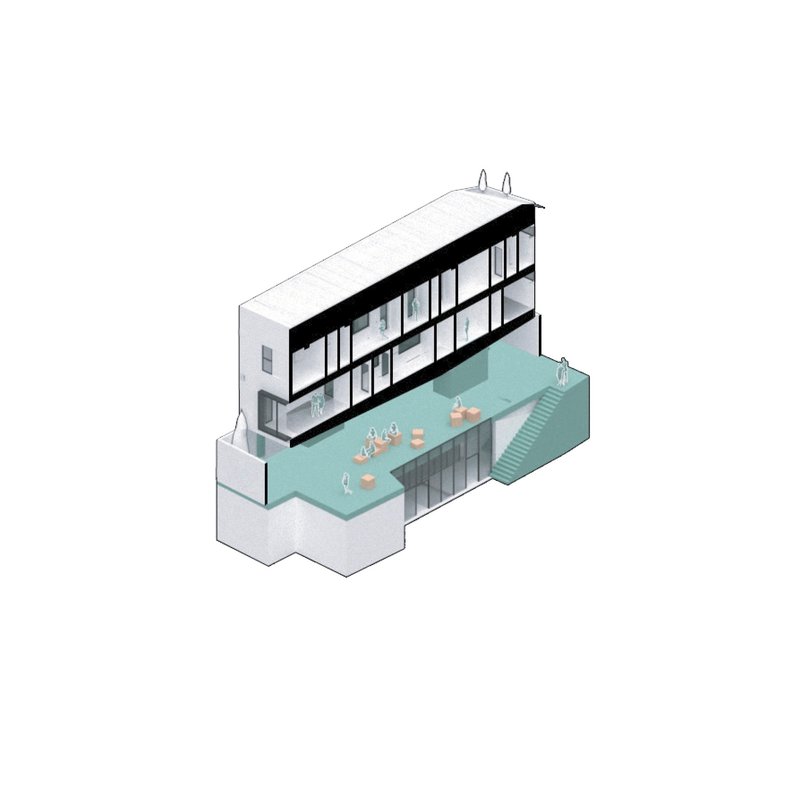 Axonometric drawing showing the multilevel building with exterior courtyard and glazed upper floors