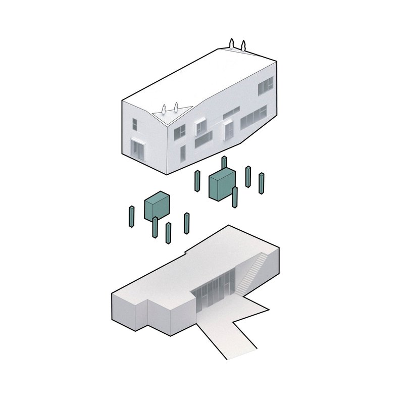 Isometric diagram illustrating two building volumes separated by trees with a connecting ground plane below