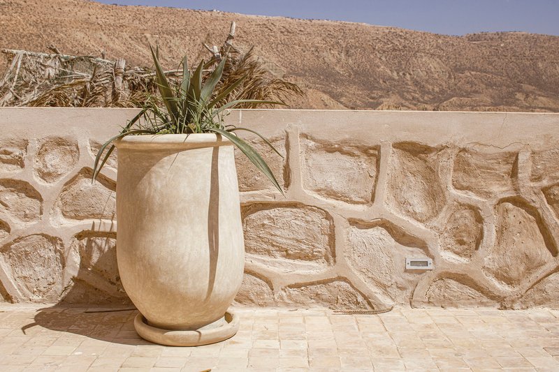Close-up of a ceramic planter with desert plant against a relief-carved stone wall with arid hillside beyond