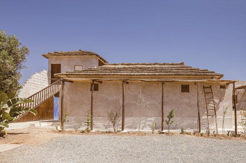 Facade with layered thatched roofs on timber poles over rendered walls and newly planted olive saplings