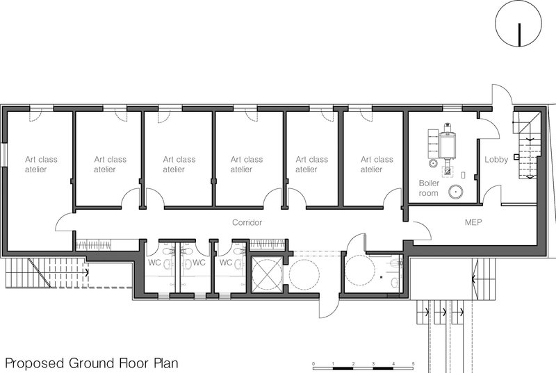 Proposed ground floor plan with six art class ateliers along a central corridor