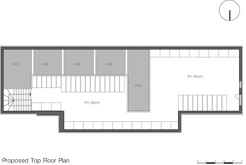 Proposed top floor plan featuring art depot spaces with void openings below