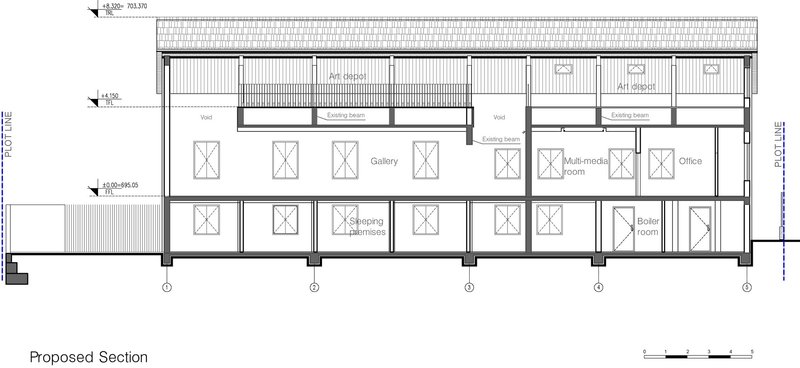 Section drawing showing proposed three-story renovation with gallery and art depot spaces