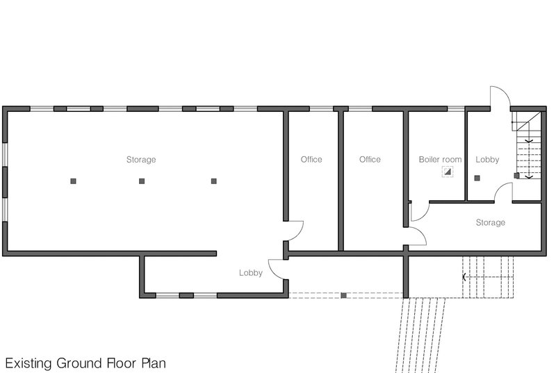 Ground floor plan drawing showing storage, offices, boiler room, lobby and stair