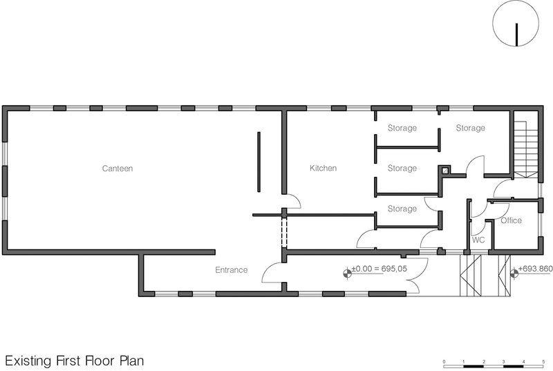 First floor plan drawing showing canteen, kitchen, storage rooms and office with stair
