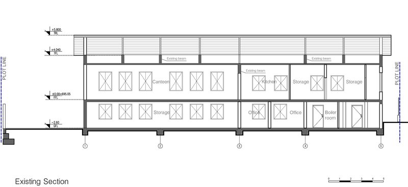 Section drawing showing existing two-story structure with storage rooms and office spaces