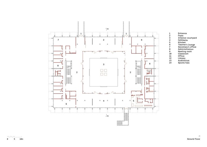 Ground floor plan drawing revealing a central courtyard surrounded by classrooms and administrative spaces