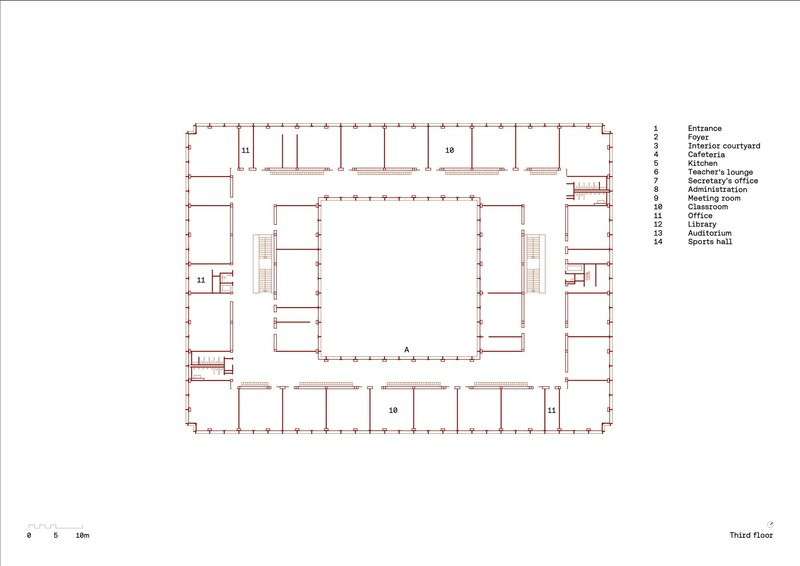 Third floor plan drawing depicting classrooms and offices flanking a central open space