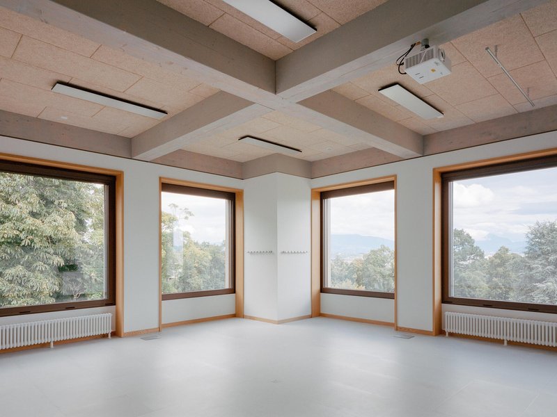 Corner room with coffered cork ceiling, four timber-framed windows and views to treetops and hills