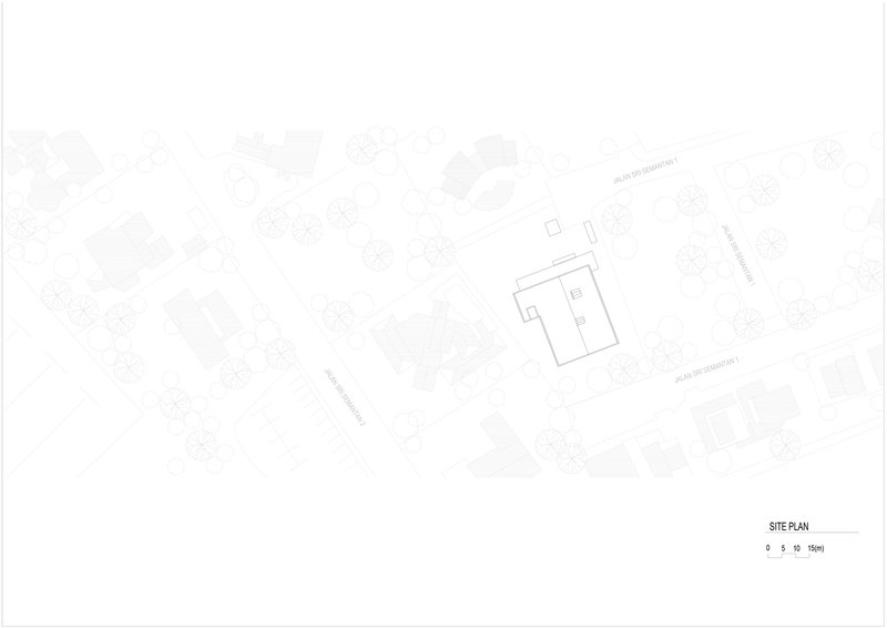 Site plan drawing showing building footprint within surrounding context and street layout