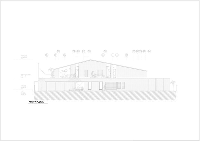 Front elevation drawing depicting a gabled two-story structure with terraces and surrounding trees