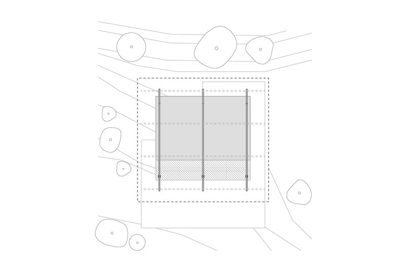 Elevation drawing showing operable facade panels and deck perimeter within landscape of organic tree forms