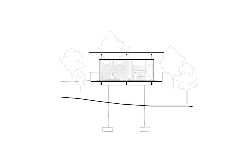 Section drawing showing an elevated pavilion on two columns rising from a sloped grade with trees