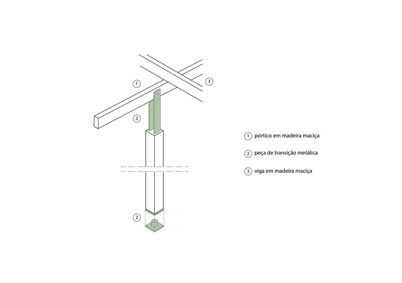 Axonometric detail drawing of a timber column with metal connector plate and concrete footing
