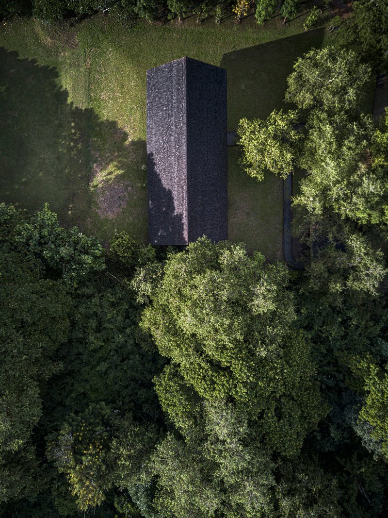 Top-down view of the rectangular dark roof volume surrounded by forest vegetation and scattered trees