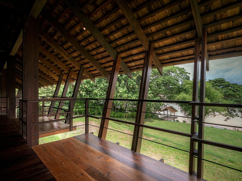 Upper floor interior with angled timber columns framing glazed walls overlooking lawn and trees beneath exposed timber ceiling