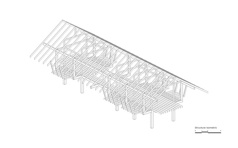 Structural isometric drawing showing the timber post-and-beam frame with diagonal roof trusses
